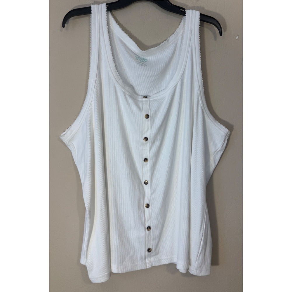 Terra & Sky Tank Top Women 4X Winter White Ribbed Lace Trim Scoop Neck NWOT